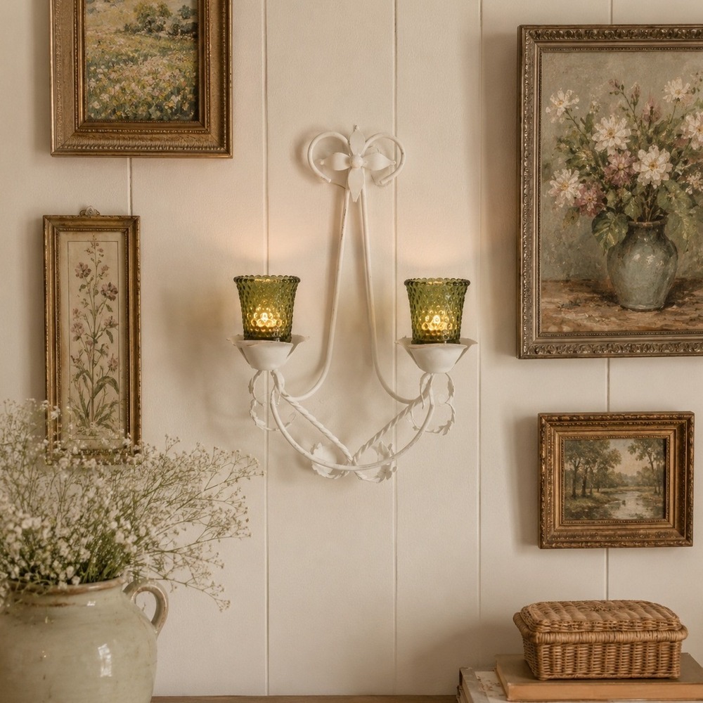Vintage White Wrought Iron Floral Wall Sconce Double Taper Candle Holder Vottive
